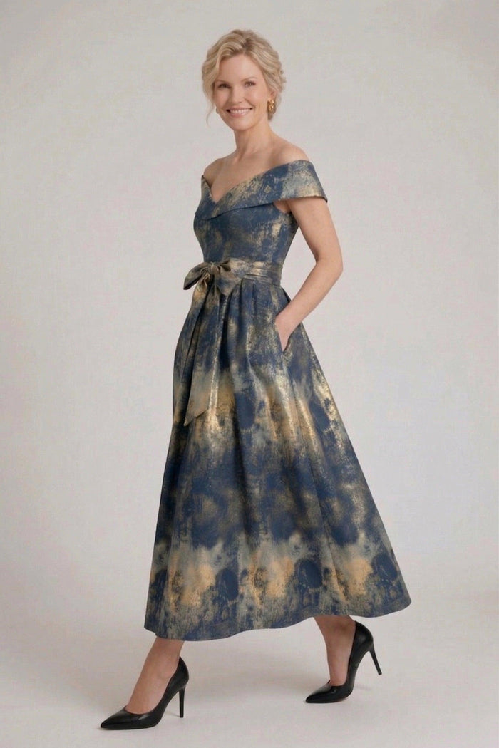 A-Line Tea-Length Jacquard Mother of the Bride Dress CM0427