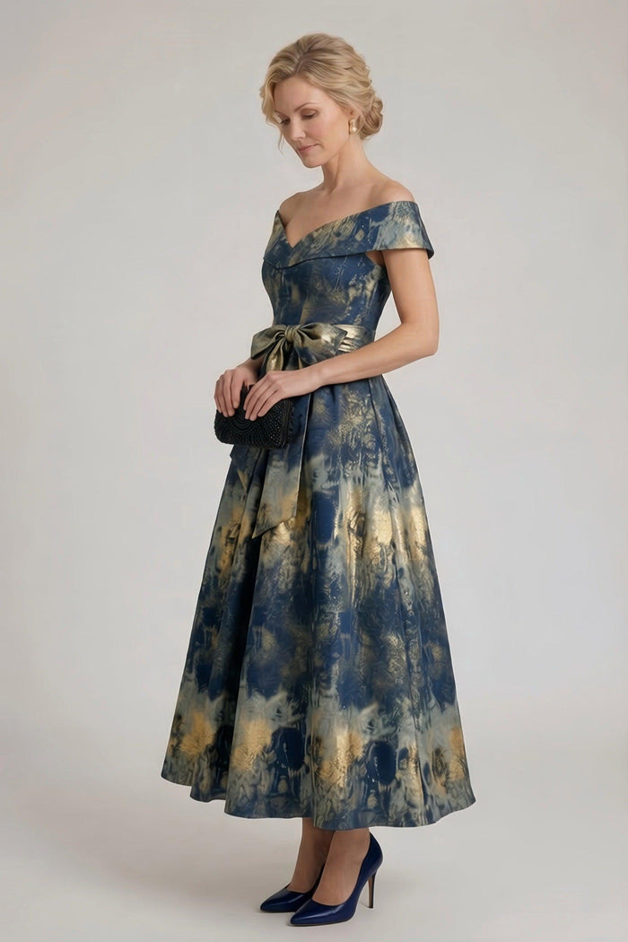 A-Line Tea-Length Jacquard Mother of the Bride Dress CM0427