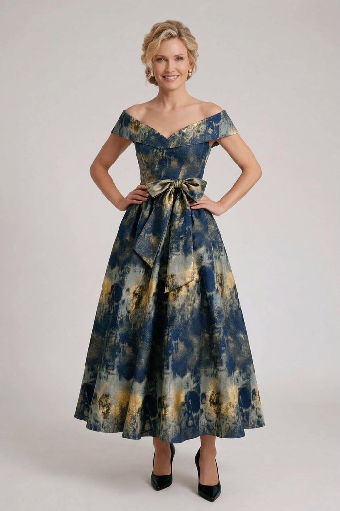 A-Line Tea-Length Jacquard Mother of the Bride Dress CM0427