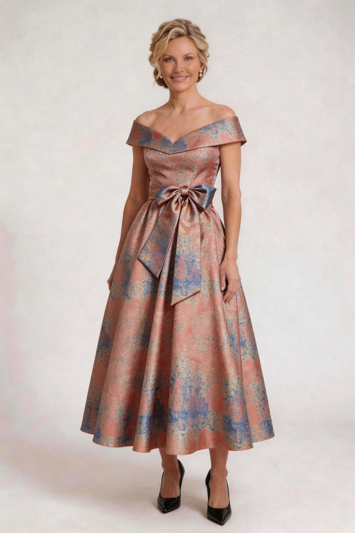 A-Line Tea-Length Jacquard Mother of the Bride Dress CM0427