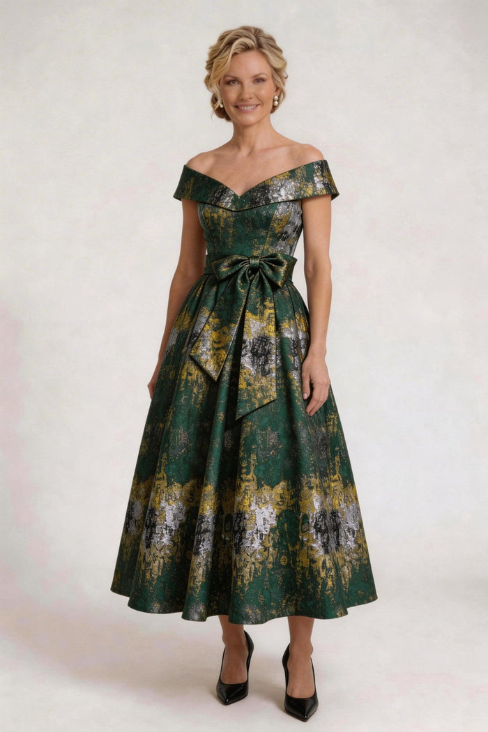 A-Line Tea-Length Jacquard Mother of the Bride Dress CM0427