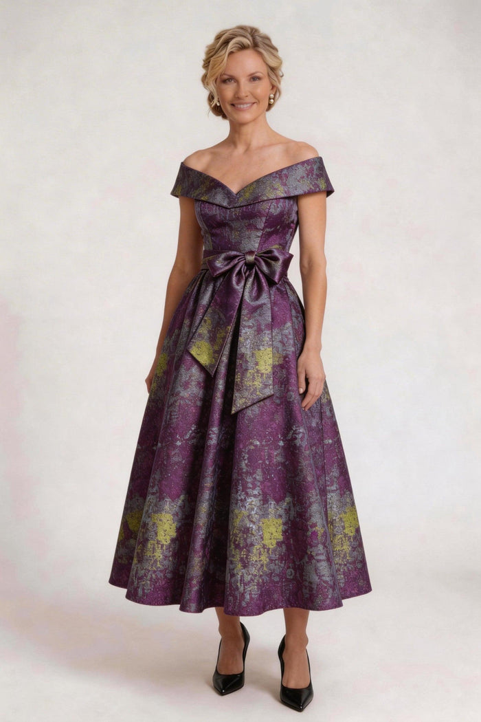 A-Line Tea-Length Jacquard Mother of the Bride Dress CM0427