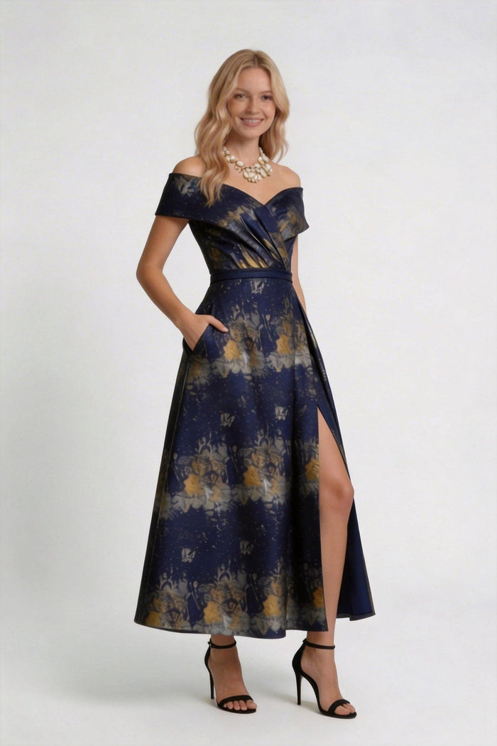 A-Line Tea-Length Jacquard Mother of the Bride Dress CM0429
