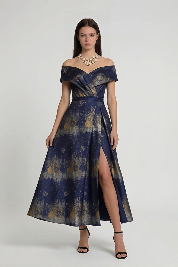 A-Line Tea-Length Jacquard Mother of the Bride Dress CM0429