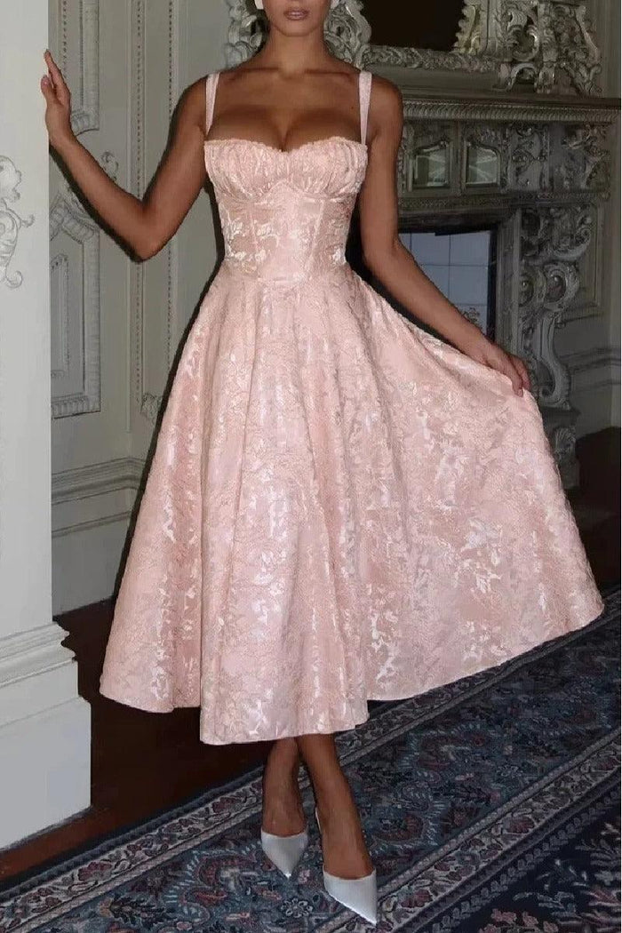 A-Line Tea Length Jacquard Satin Wedding Guest Dress 1038699395137