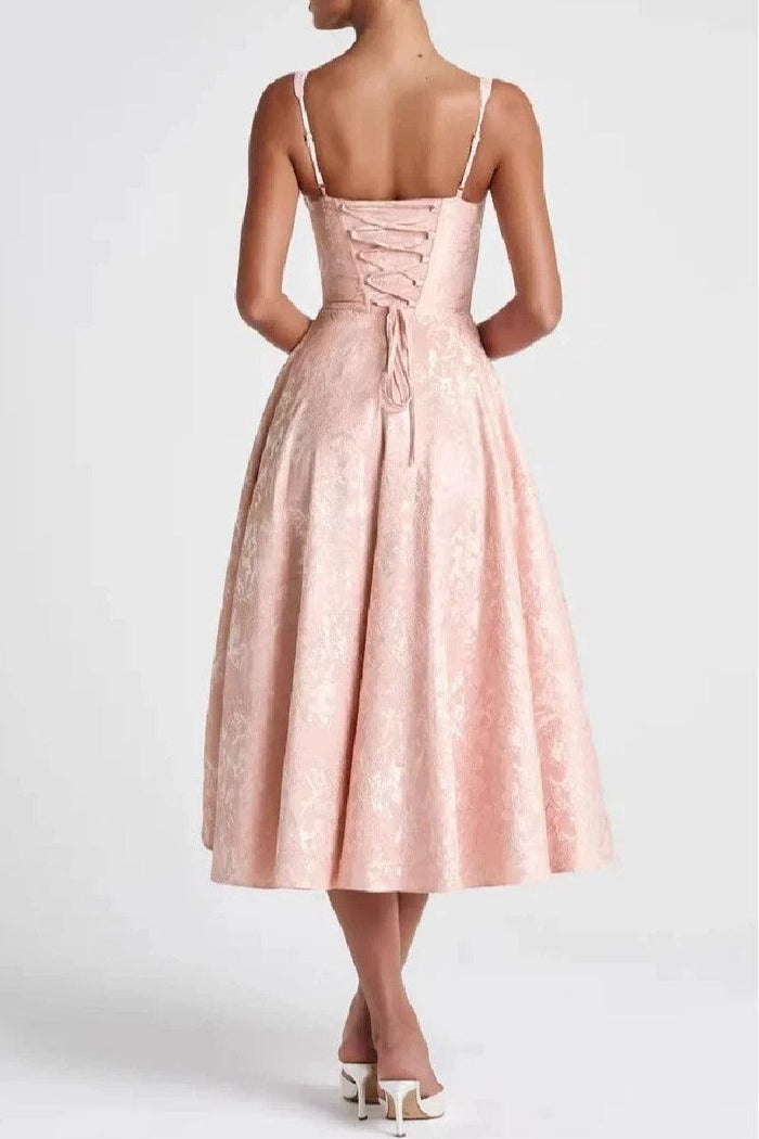 A-Line Tea Length Jacquard Satin Wedding Guest Dress 1038699395137
