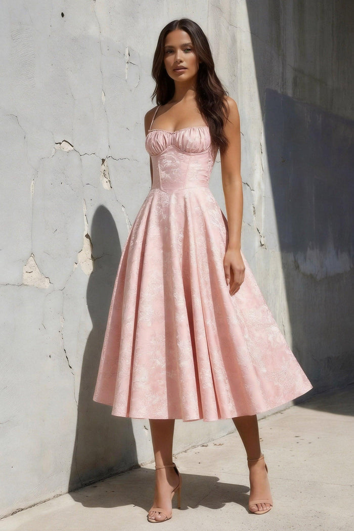 A-Line Tea Length Jacquard Satin Wedding Guest Dress 1038699395137
