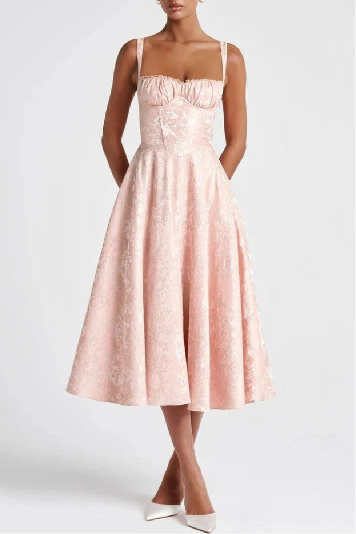 A-Line Tea Length Jacquard Satin Wedding Guest Dress 1038699395137