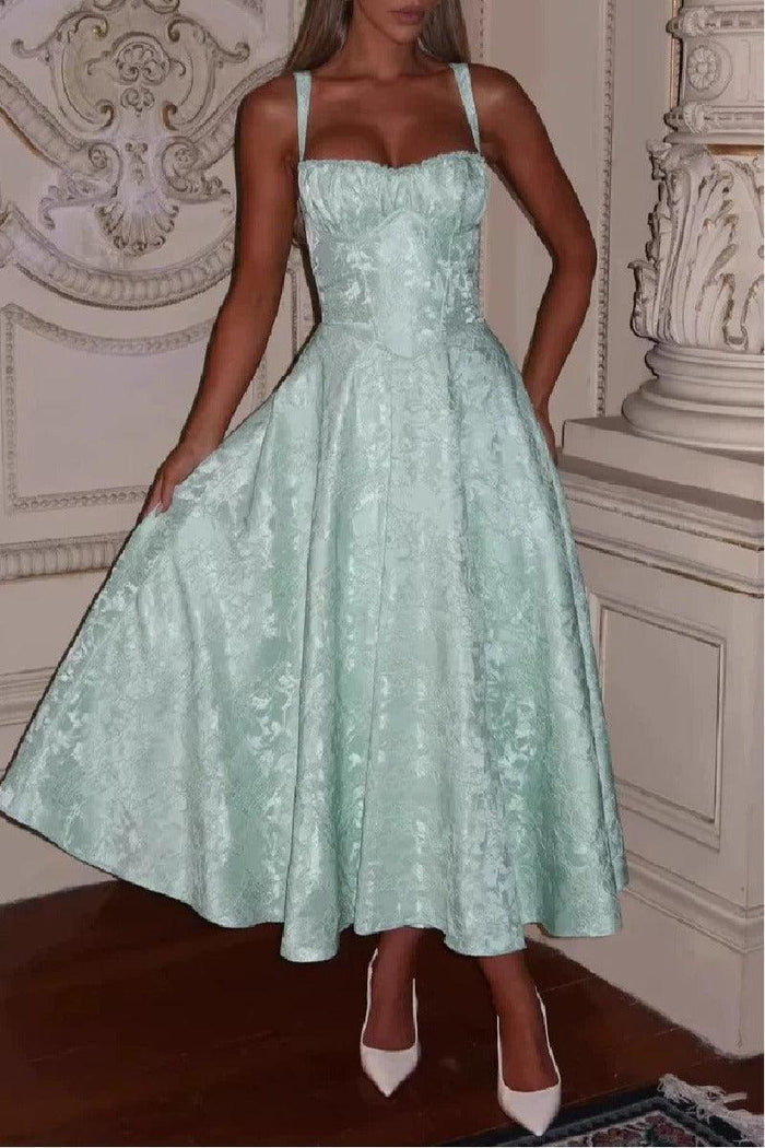A-Line Tea Length Jacquard Satin Wedding Guest Dress 1038699395137