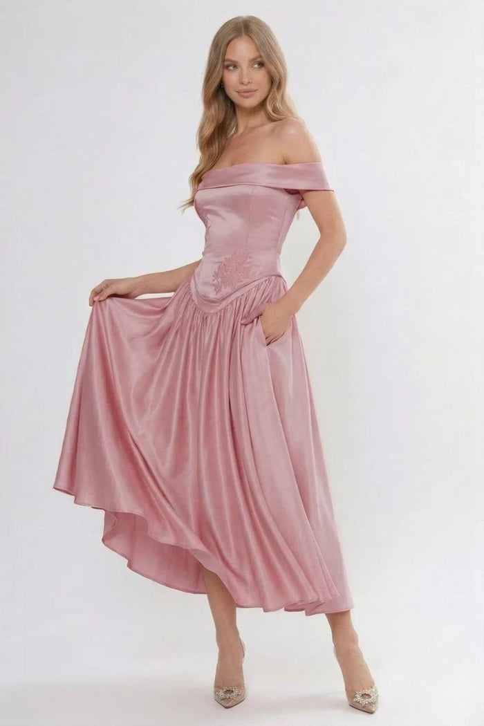 A-Line/Two-Piece Ankle Length Soft Satin Wedding Guest Dress CG0313