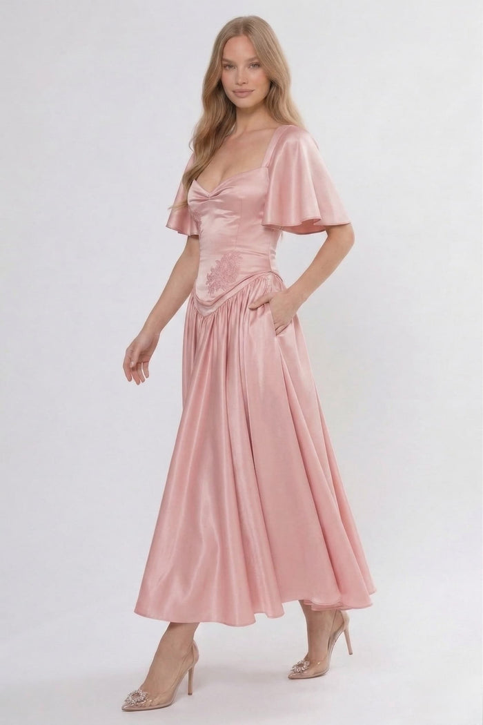 A-Line/Two-Piece Ankle Length Soft Satin Wedding Guest Dress CG0317