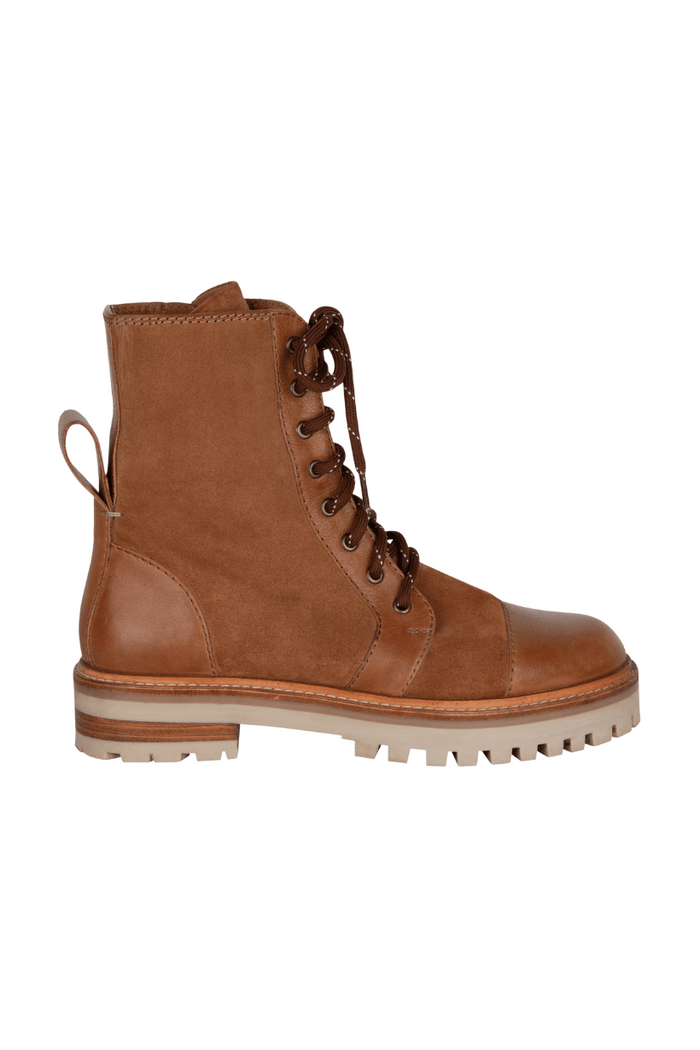 Brown leather boot with lace-up design on a white background
