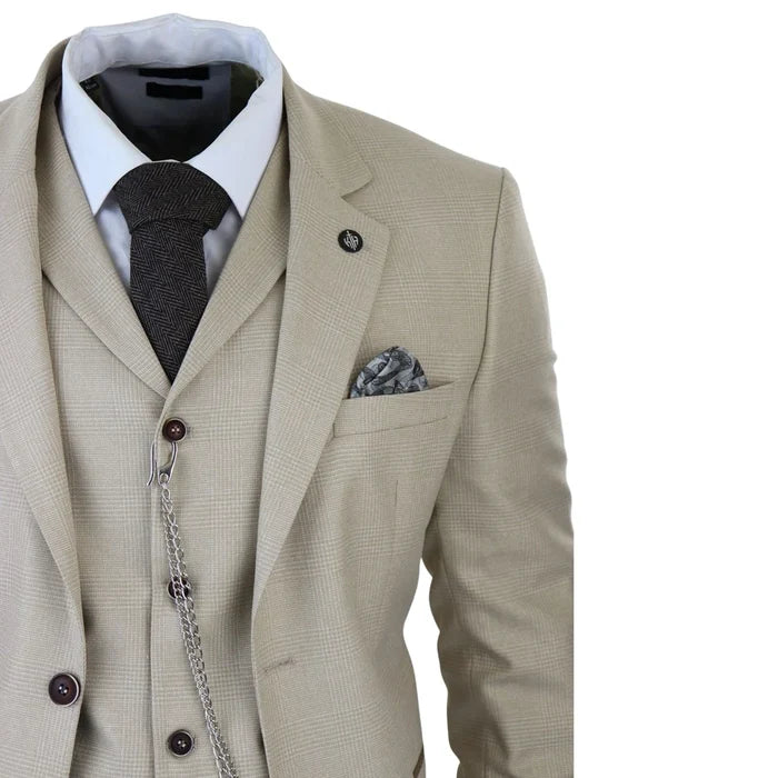 AK-08 - Men's 3 Piece Cream Prince Of Wales Check Suit