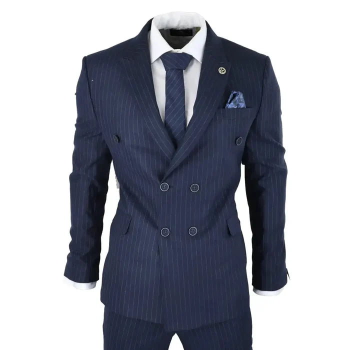 Navy pinstripe men's double-breasted suit with notch lapels, white shirt, matching tie, pocket square, and lapel pin, front view
