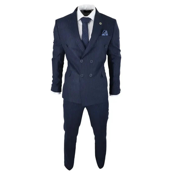 Close-up of navy pinstripe men's double-breasted suit with white shirt, matching tie, and lapel pin, front view