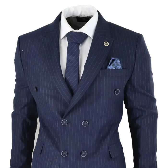 Back view of navy pinstripe men's double-breasted suit with tailored fit, showing vertical pinstripes and structured shoulders