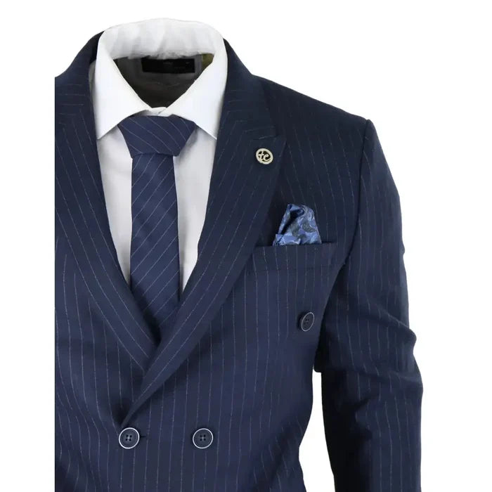 Navy pinstripe men's double-breasted suit jacket with peak lapels, white dress shirt, matching navy tie, and a blue pocket square, tailored fit for formal occasions - SKU: ak-16_suit_Navy_36
