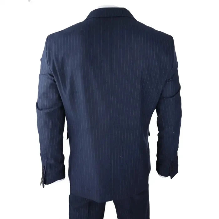 Navy pinstripe men's double-breasted suit back view, tailored fit, with subtle vertical stripes, suitable for formal occasions and weddings.