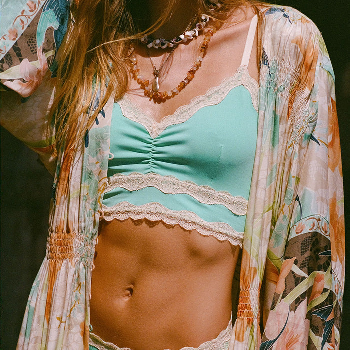 Spell women's Amour Lace Bralette in seafoam green with lace border trim and centre-front ruching