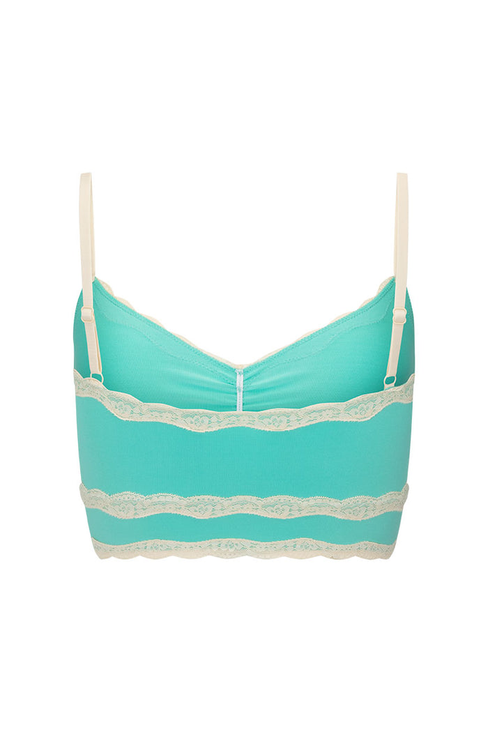 Seafoam bralette flat lay back view, cream lace border trim, adjustable straps, CF elastic ruching detail