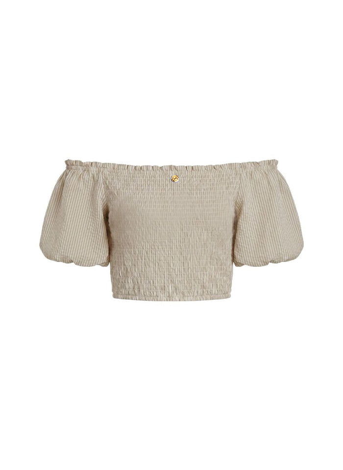 Tops Apoella Annie Puff Sleeve Smocked Top Striped Khaki Apoella