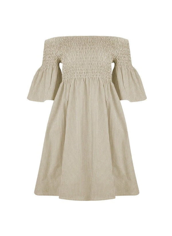 Dresses Apoella Arianna Smocked Bell Sleeve Mini Dress Striped Khaki Apoella