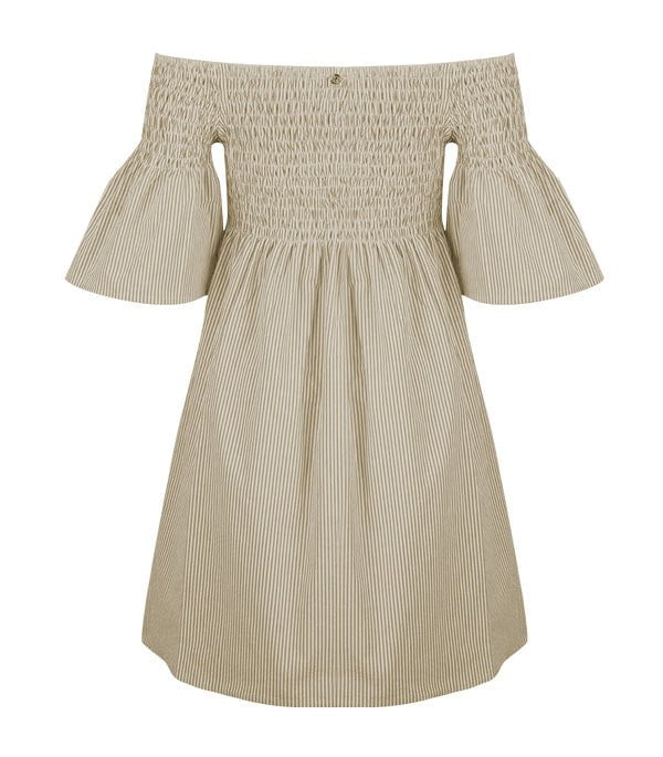 Dresses Apoella Arianna Smocked Bell Sleeve Mini Dress Striped Khaki Apoella