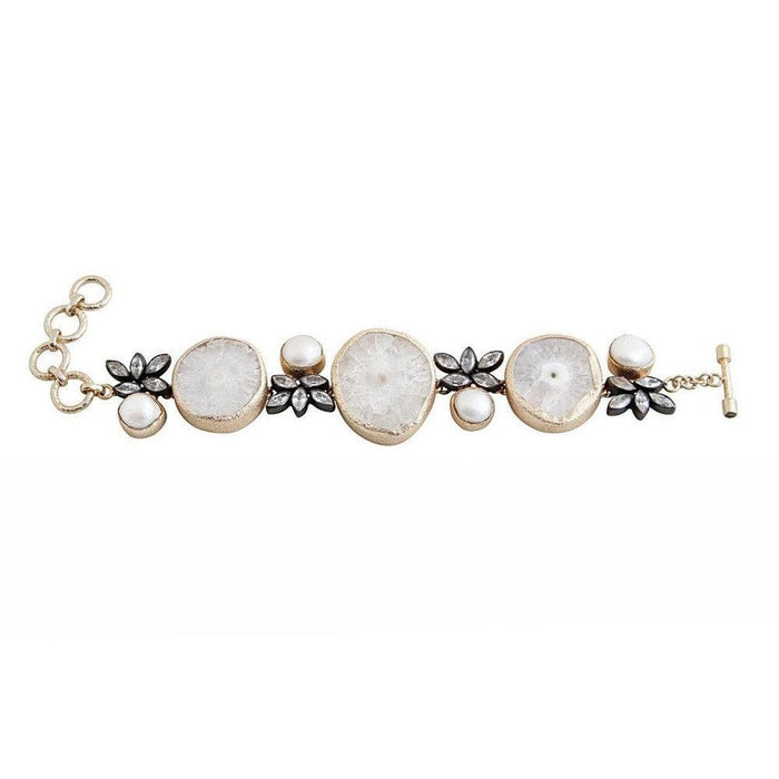 Atelier Mon Solar Druzy and Pearl Bracelet: Gold-tone bracelet featuring white druzy, pearls, and dark gray crystals.