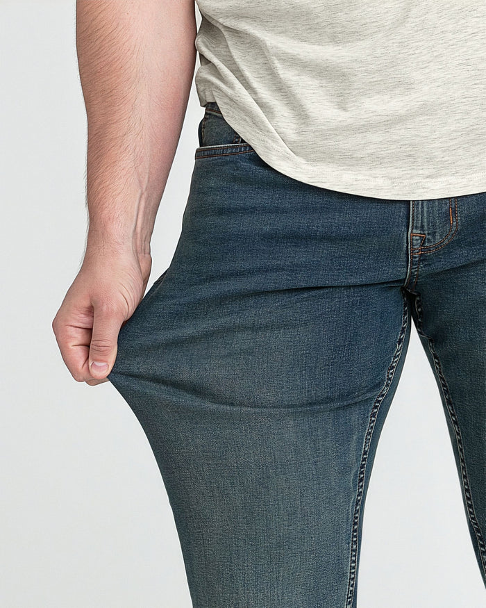 Man wearing light gray t-shirt and dark blue denim jeans with athletic fit cut.