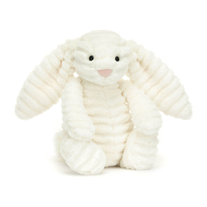 Plush bunny toy with white ribbed fur pattern and pink nose