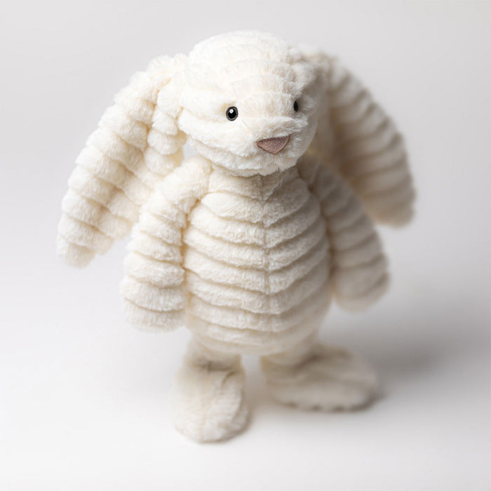 Plush bunny toy with soft ribbed fur pattern shown standing
