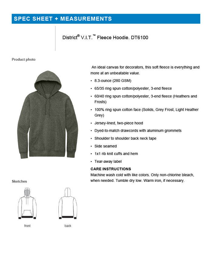 A product specification sheet and measurement guide for the District V.I.