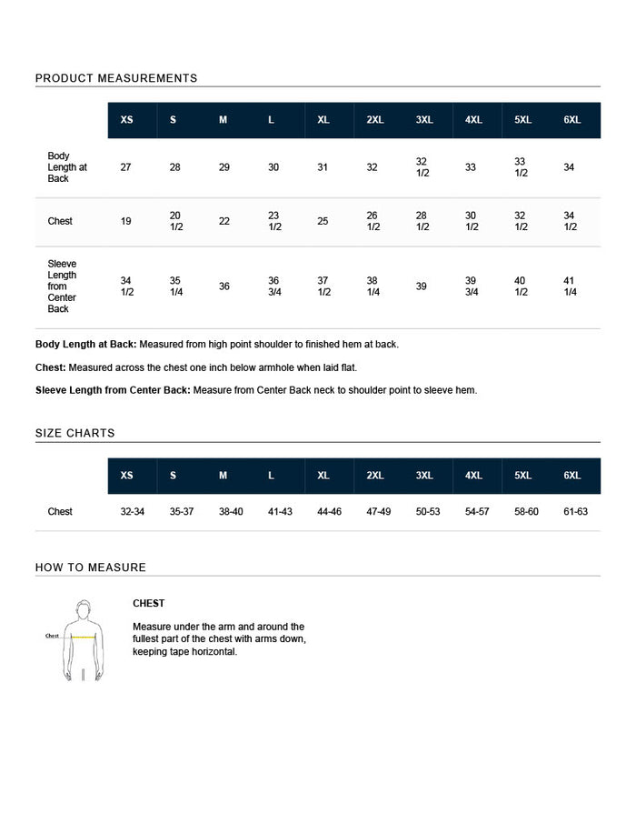 A sizing chart sheet for apparel, featuring product measurements tables for body length at back, chest, sleeve length from front, and sleeve length from center back, along with a small how-to-measure diagram.