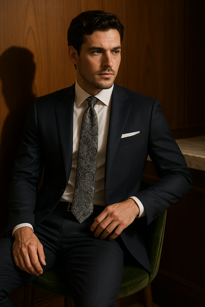 AI generated marketing image for Black and Silver Paisley Traditional Tie