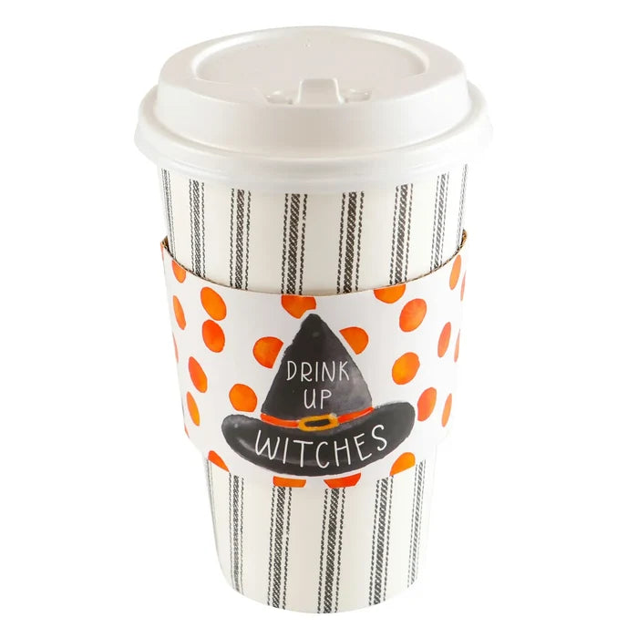 Black Ticking Witch Hat Sleeve Hot/Cold Cup w/ Lid