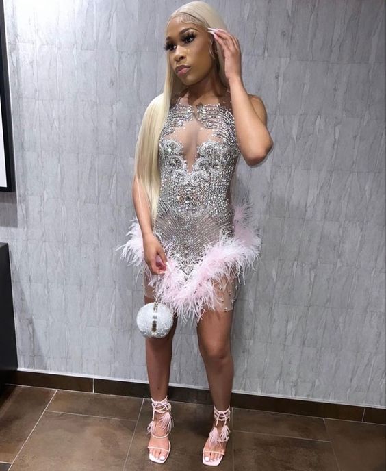 Black Women Homecoming Dress 2023 Illusion Neck Sequin with Feathers