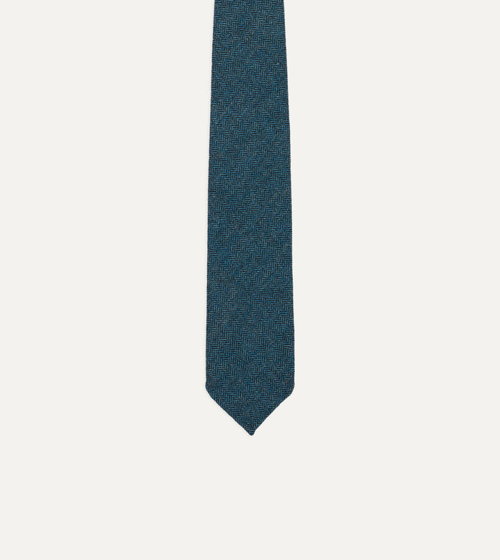 Blue Herringbone Shetland Wool Hand Rolled Tie