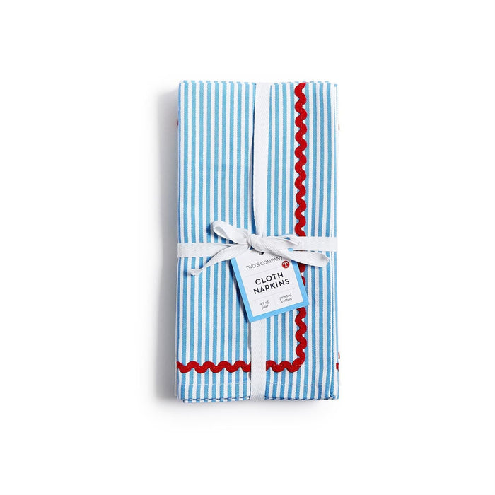 Blue Stripe with Red Ric Rac Trim Cloth Dinner Napkin Set