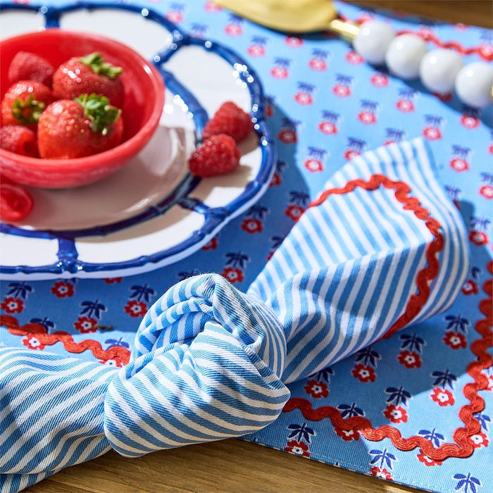 Blue Stripe with Red Ric Rac Trim Cloth Dinner Napkin Set