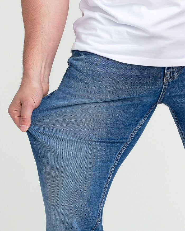 Medium blue bootcut jeans shown on model wearing white t-shirt, displaying fit and fabric detail.
