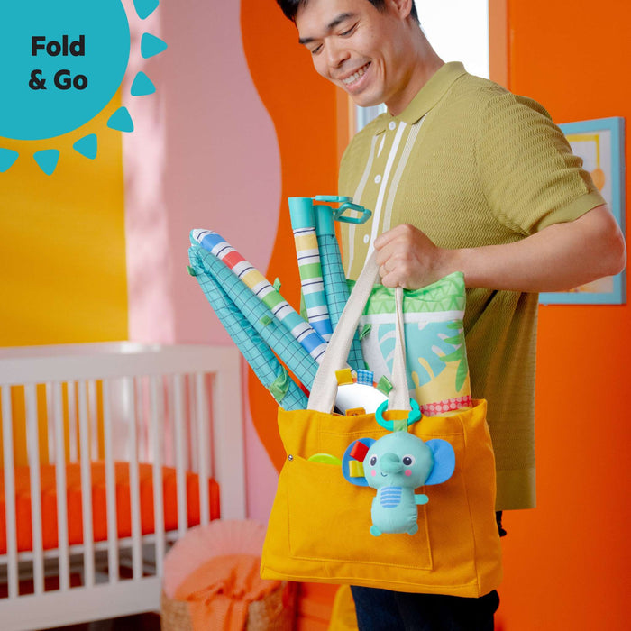 Bright Starts Wild Wiggles FoldAway Activity Gym jungle-themed baby play mat with musical elephant and removable toys