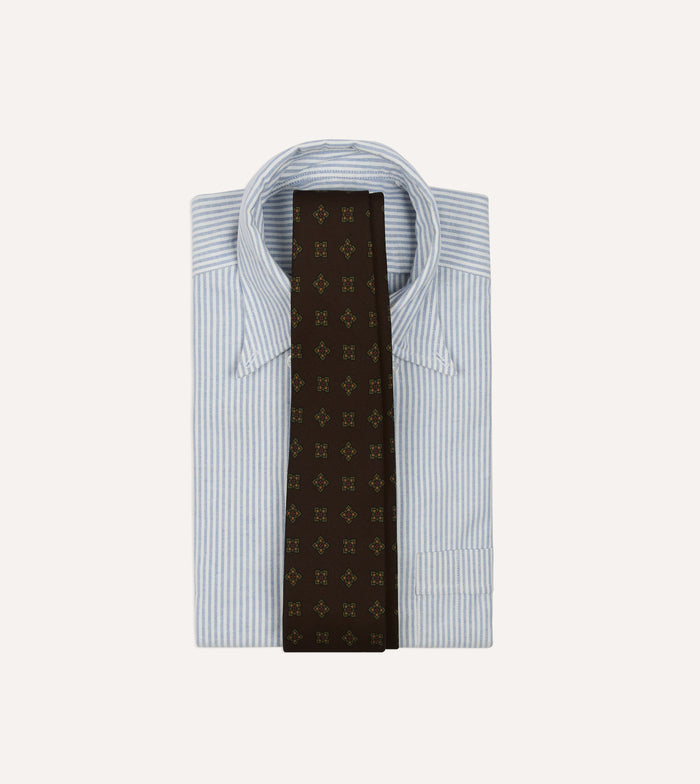 Brown Geometric Flowers Tile Print Silk Self-Tipped Tie