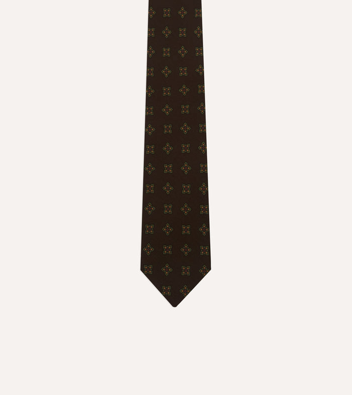 Brown Geometric Flowers Tile Print Silk Self-Tipped Tie