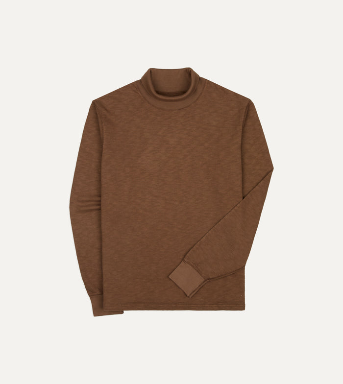 Brown Slub Cotton Long-Sleeve Mock Neck Hiking T-Shirt