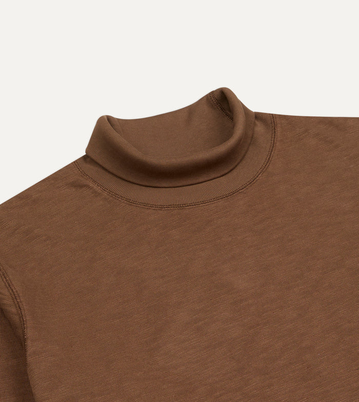 Brown Slub Cotton Long-Sleeve Mock Neck Hiking T-Shirt