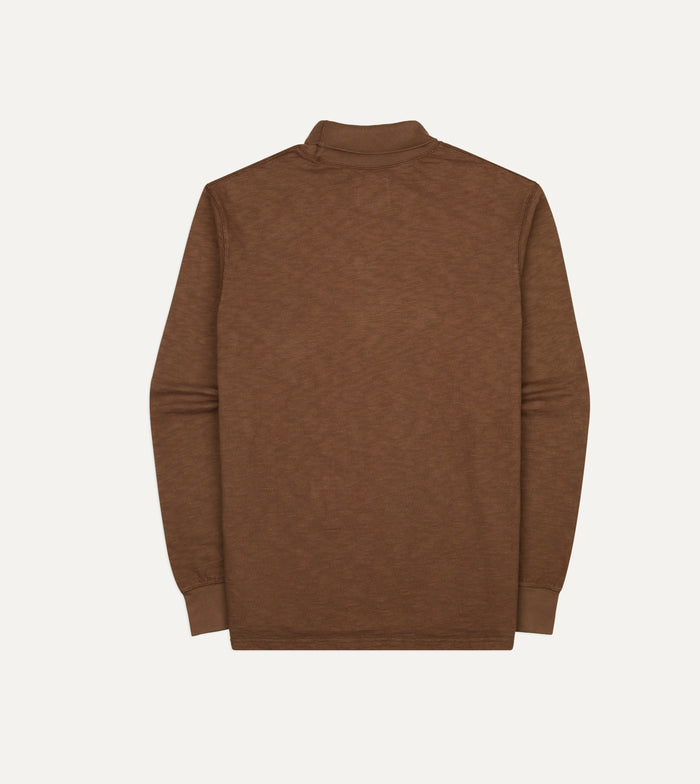 Brown Slub Cotton Long-Sleeve Mock Neck Hiking T-Shirt
