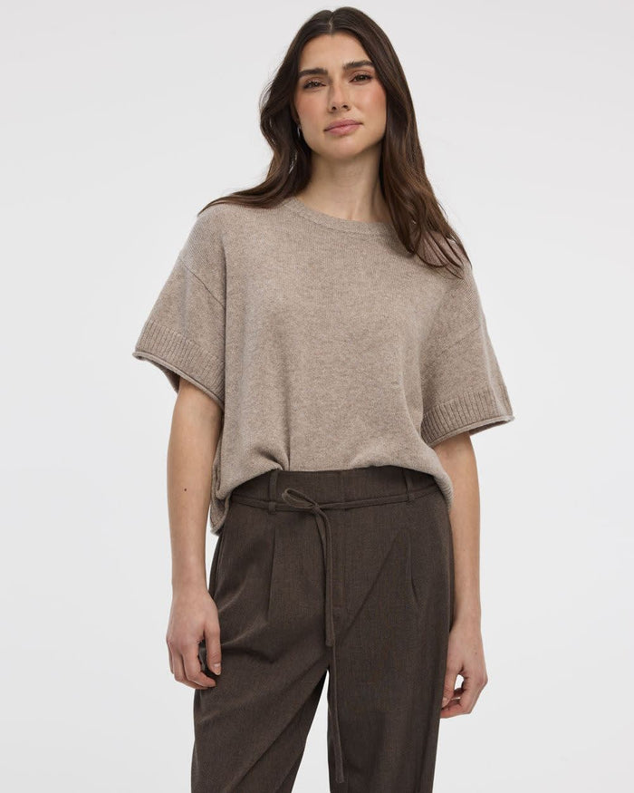 Cashmere-Blend Short-Sleeve Crew-Neck Loose Sweater