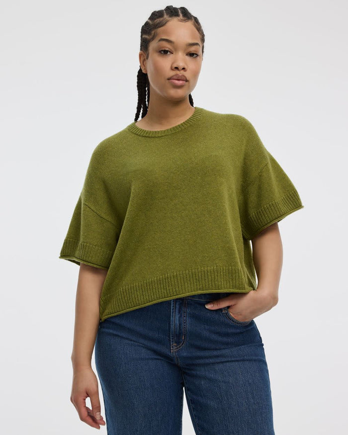 Cashmere-Blend Short-Sleeve Crew-Neck Loose Sweater