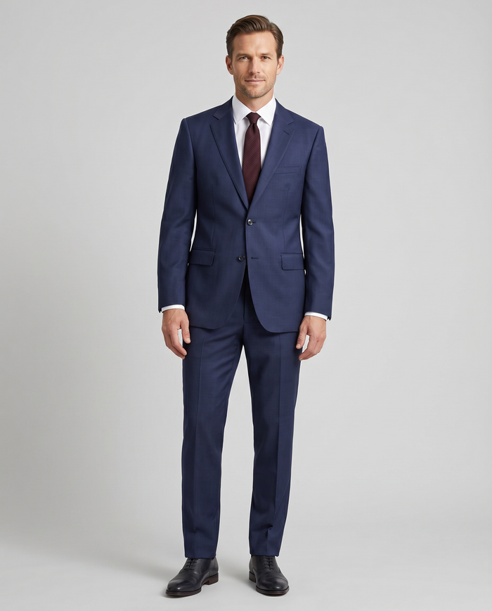 Centrion Men's Navy Blue Tonal Plaid Classic Fit 2-Button Wool Suit - The Suit Depot