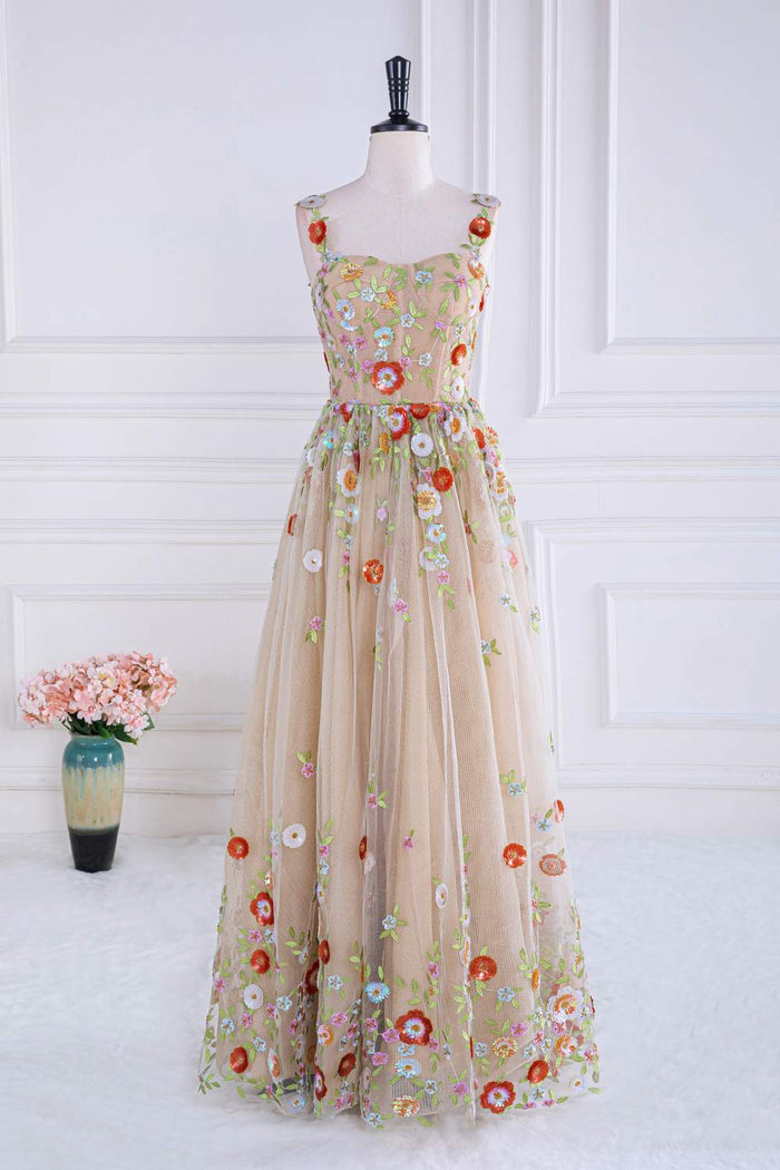 Champagne Prom Dress 2024 Floral Straps Tulle